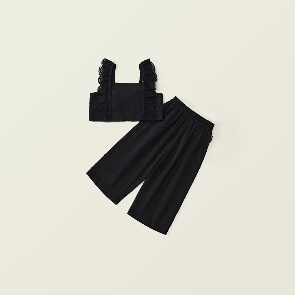 Đồ Bộ Bé Gái Hania Kids Áo Croptop Phối Bèo Vai + Quần Ống Rộng, 2 Màu Đen & Be, Dễ Phối Dễ Mặc