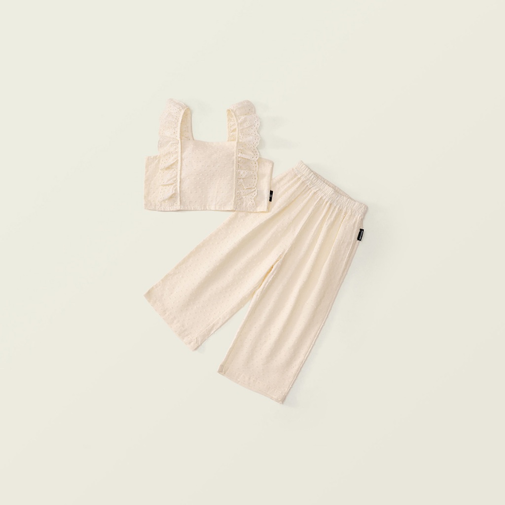Đồ Bộ Bé Gái Hania Kids Áo Croptop Phối Bèo Vai + Quần Ống Rộng, 2 Màu Đen & Be, Dễ Phối Dễ Mặc