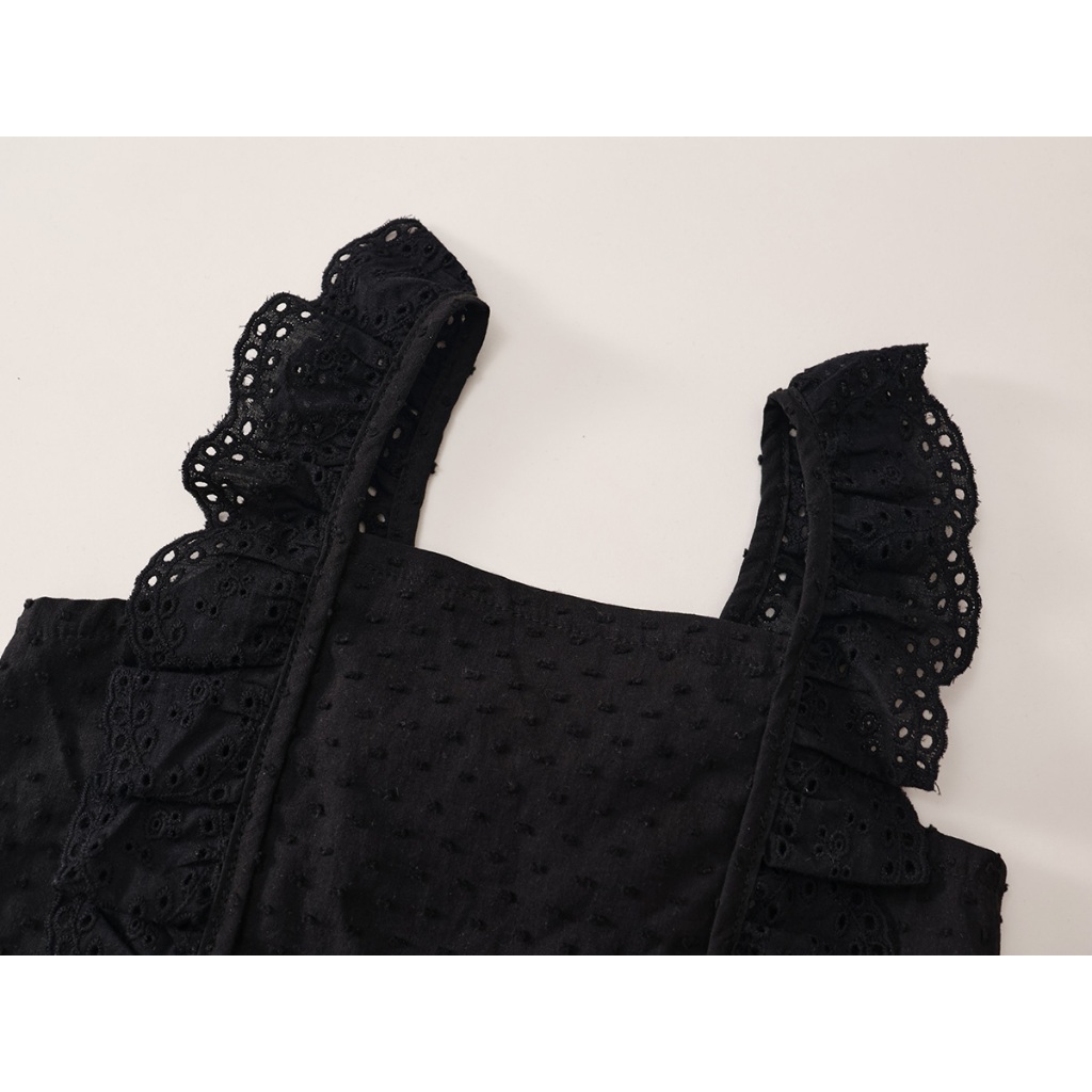 Đồ Bộ Bé Gái Hania Kids Áo Croptop Phối Bèo Vai + Quần Ống Rộng, 2 Màu Đen & Be, Dễ Phối Dễ Mặc