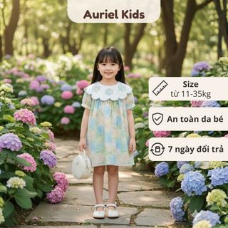 Váy Bé Gái Họa Tiết Hoa Pastel, Đầm Cổ Tròn Phối Cổ Bèo Thêu Hoa Dễ Thương Mùa Hè