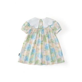 Váy Bé Gái Họa Tiết Hoa Pastel, Đầm Cổ Tròn Phối Cổ Bèo Thêu Hoa Dễ Thương Mùa Hè