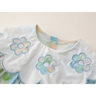 Váy Bé Gái Họa Tiết Hoa Pastel, Đầm Cổ Tròn Phối Cổ Bèo Thêu Hoa Dễ Thương Mùa Hè