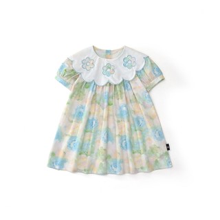 Váy Bé Gái Họa Tiết Hoa Pastel, Đầm Cổ Tròn Phối Cổ Bèo Thêu Hoa Dễ Thương Mùa Hè