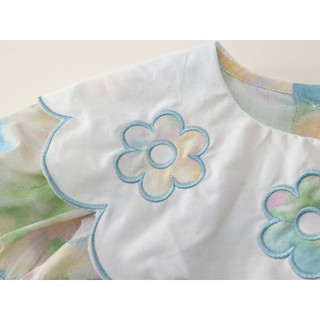 Váy Bé Gái Họa Tiết Hoa Pastel, Đầm Cổ Tròn Phối Cổ Bèo Thêu Hoa Dễ Thương Mùa Hè