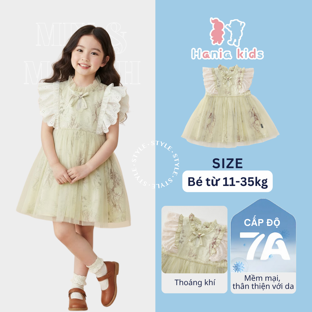 Váy Công Chúa Bé Gái Hania Kids Dáng Xòe Bồng Bềnh Cánh Tiên, Phối Nơ Xinh Xắn, Phong Cách Tiểu Thư