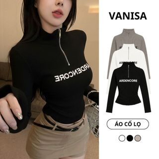 Áo croptop tay dài nữ chất thun tăm có khoá kéo chữ in thời trang VANISA CT351