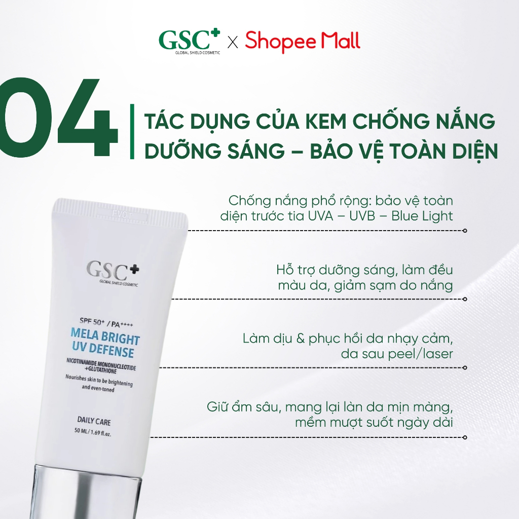 Kem Chống Nắng Chuẩn Hàn GSC Mela Bright SPF50+/PA  Giảm Nám, Bảo Vệ Da Sau Peel/ Laser Khỏi Tia UV 50ml -  GC099A