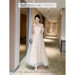 Váy Dự Tiệc Cao Cấp OLIVIA.CHIC Chất Ren Phối Lưới,Đầm Maxi Trễ Vai Thắt Eo Chân Váy Nhiều Tầng Xòe Bồng Nữ Tính T170-SX — ảnh 3