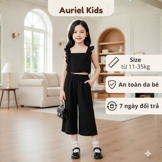 Set Bộ Bé Gái Áo Croptop Dây Rút Phối Ren Và Quần Ống Rộng Thoáng Mát Mùa Hè