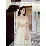 Váy Dự Tiệc Cao Cấp OLIVIA.CHIC Chất Ren Phối Lưới, Đầm Maxi Trễ Vai Đính Đá, Dáng Chiết Eo Xòe Nhiều Tầng T40-SX — ảnh 5