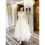 Váy Dự Tiệc Cao Cấp OLIVIA.CHIC Chất Ren Phối Lưới, Đầm Maxi Trễ Vai Đính Đá, Dáng Chiết Eo Xòe Nhiều Tầng T40-SX — ảnh 4