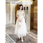 Váy Dự Tiệc Cao Cấp OLIVIA.CHIC Chất Ren Phối Lưới, Đầm Maxi Trễ Vai Đính Đá, Dáng Chiết Eo Xòe Nhiều Tầng T40-SX — ảnh 3