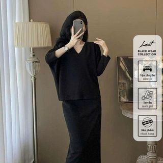 Set đồ nữ thiết kế áo tay lỡ cổ V mix chân váy ôm tôn dáng LUST Set váy thu đông dáng rời Đ184