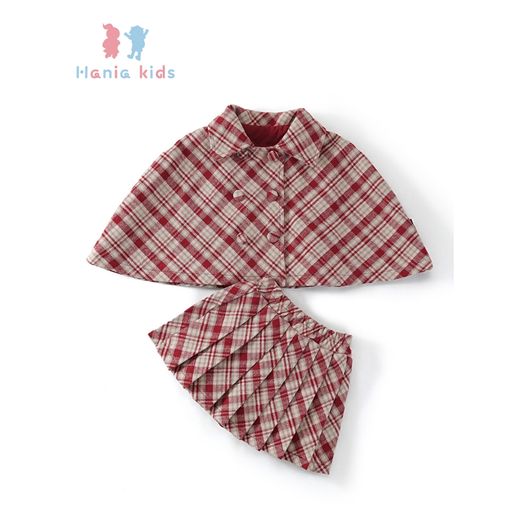 Set Đồ Bộ Bé Gái Hania Kids Áo Choàng Phối Chân Váy Xòe Họa Tiết Kẻ Caro Đỏ Tiểu Thư Dễ Thương