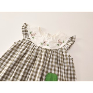 Váy Bé Gái Caro Cổ Bèo Thêu Thỏ Dễ Thương, Chất Cotton Thoáng Mát Mùa Hè