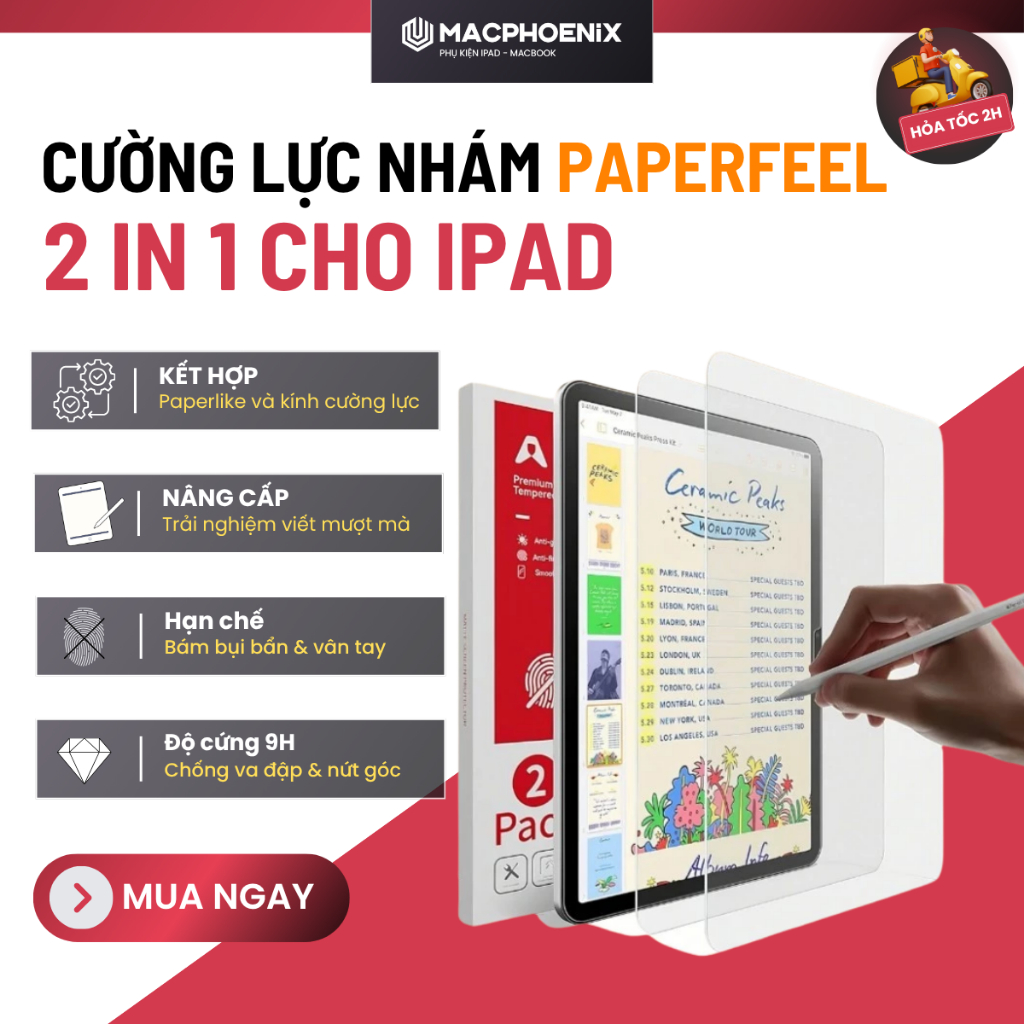 [HỎA TỐC HCM] Kính Cường Lực Nhám iPad PaperLike 2in1 Bảo Vệ Màn Hình, Viết Vẽ Như Giấy Cho iPad Gen/Air/Pro/Mini - C04