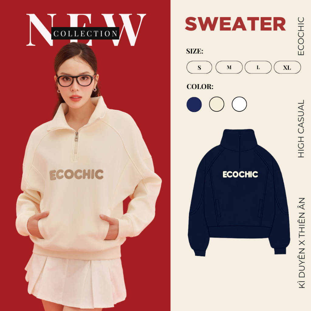 Áo Sweater Nỉ ECOCHIC HALFZIP SWEATSHIRT VERSION 1 + 2 Chất Liệu Cao Cấp  Nam Nữ Unisex B088 B188