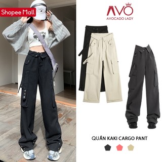 Quần DÀI Kaki Nữ Túi Hộp Ống Rộng Suông cạp cao GẤP Avo Avocado lưng cao nữ dày dặn