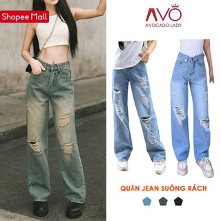 Quần Bò Jeans ống suông rộng nữ lưng cao phối Rách đùi gối cao cấp Avo Avocado