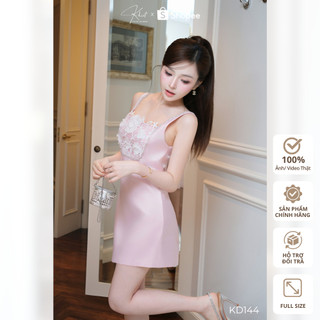 Đầm tafta hồng nhạt phối ren hoa 3D Khiết Style đính viền cổ đá lấp lánh KD144