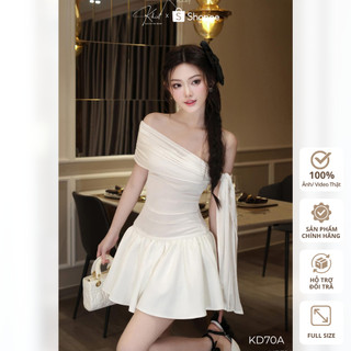 Đầm Khiết Style dáng xòe lệch vai thun kim cương màu trắng thanh lịch KD70A
