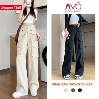 Quần Dài kaki túi hộp ống suông nữ lưng cao form rộng xuông cạp cao Avo Avocado