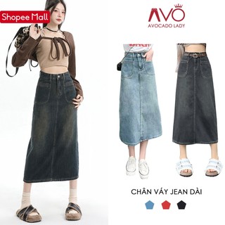 Chân váy Bò jean Retro cạp cao túi hộp Avo Acocado dáng chữ A xẻ tà phong cách