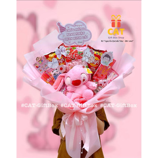 Set quà sinh nhật Stitch hồng, quà bánh kẹo màu hồng, gấu bông Stitch hồng, bó hoa bánh kẹo, quà tặng bạn gái, bé gái