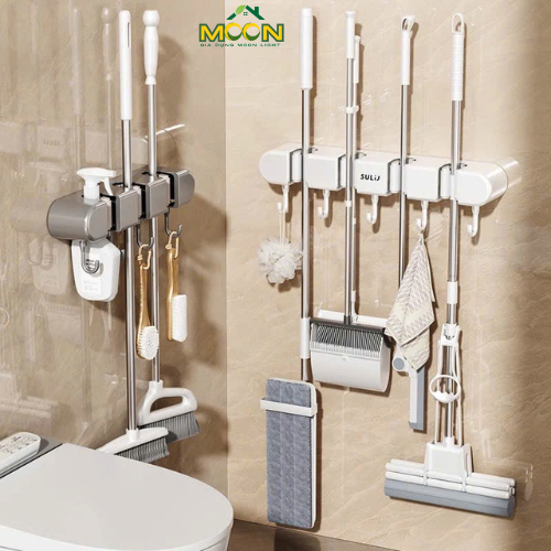 Kẹp treo chổi, cây lau nhà dán tường kèm móc treo siêu chắc, Giá treo đồ dán tường chịu lực tốt MOON