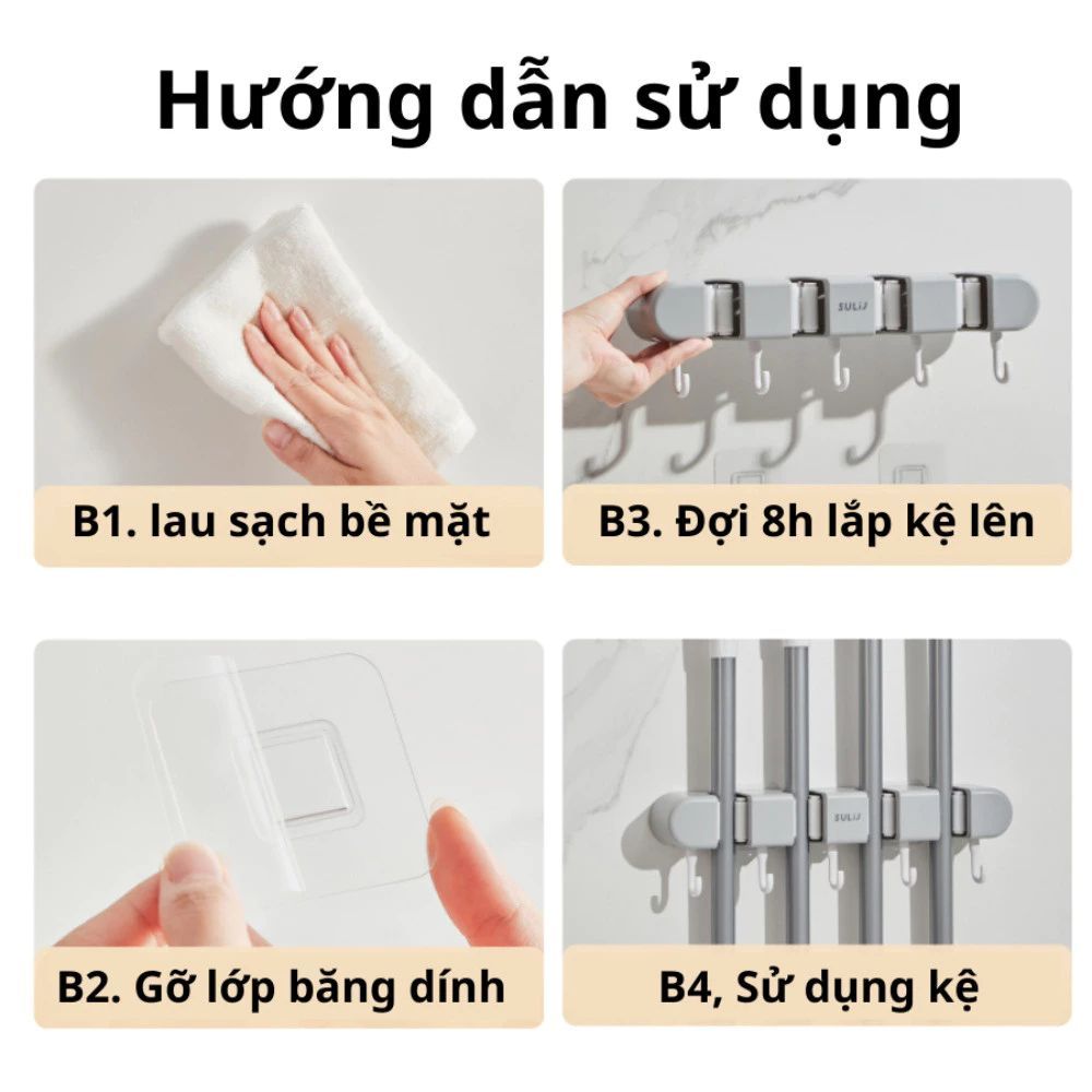 Kẹp treo chổi, cây lau nhà dán tường kèm móc treo siêu chắc, Giá treo đồ dán tường chịu lực tốt MOON