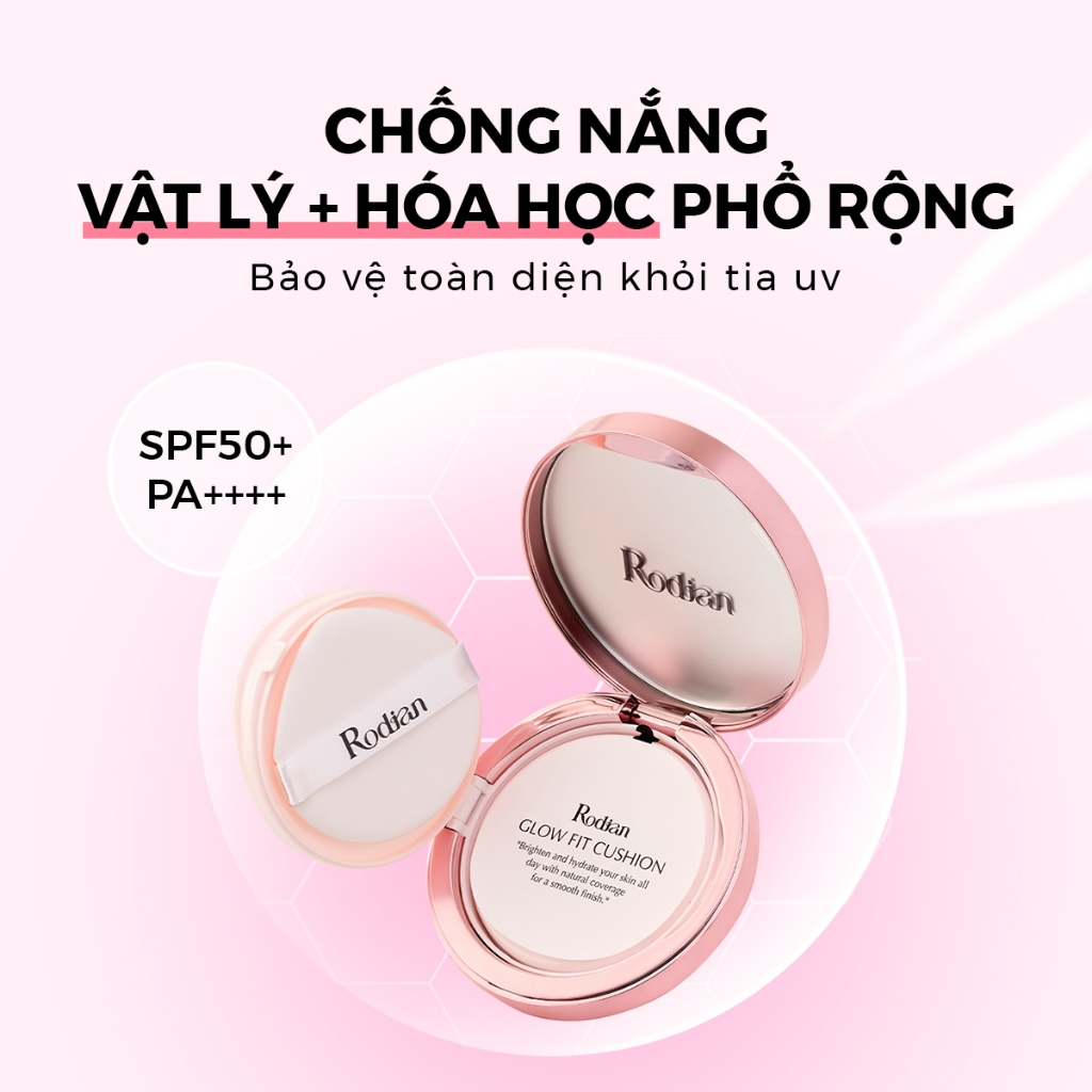 Cushion Chống Nắng Rodian Glow Fit SPF 50+ PA++++ Mỏng Nhẹ Tự Nhiên, Giữ Lớp Make Up Lâu Trôi 12gr