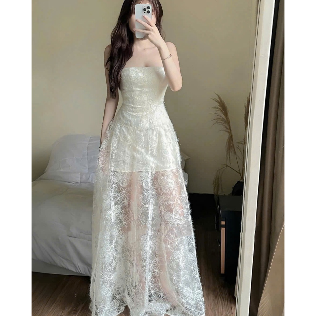 Đầm Cúp Ngực Phối Ren Dáng Dài - D1194
