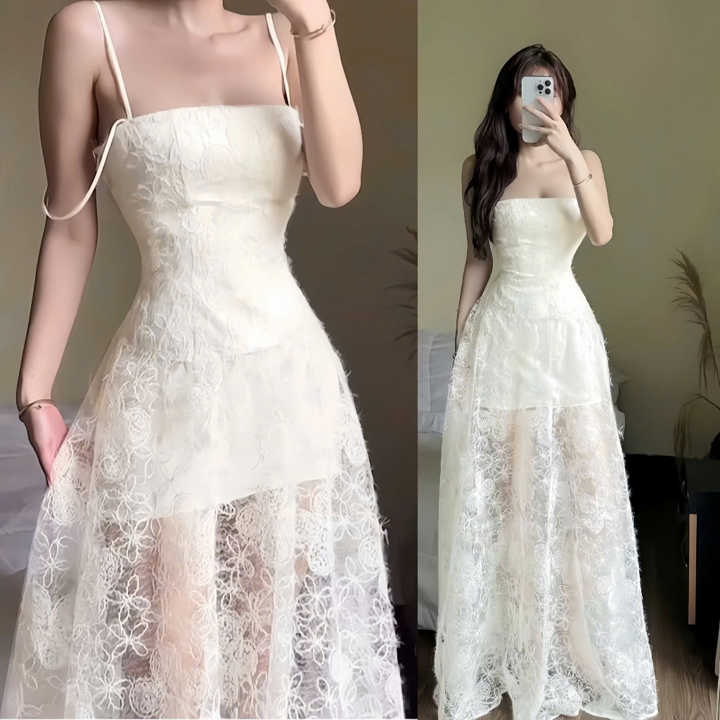 Đầm Cúp Ngực Phối Ren Dáng Dài - D1194