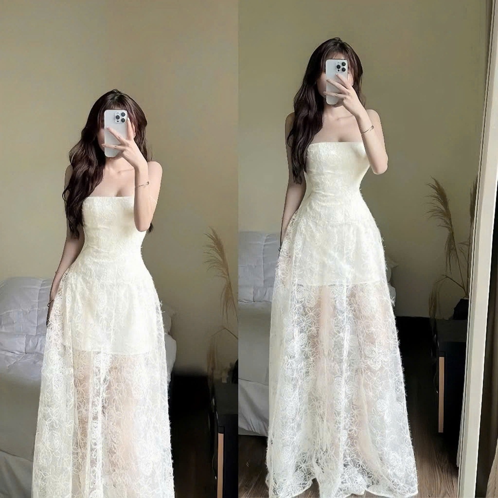 Đầm Cúp Ngực Phối Ren Dáng Dài - D1194