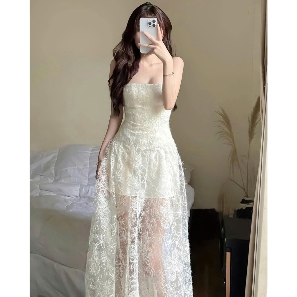 Đầm Cúp Ngực Phối Ren Dáng Dài - D1194