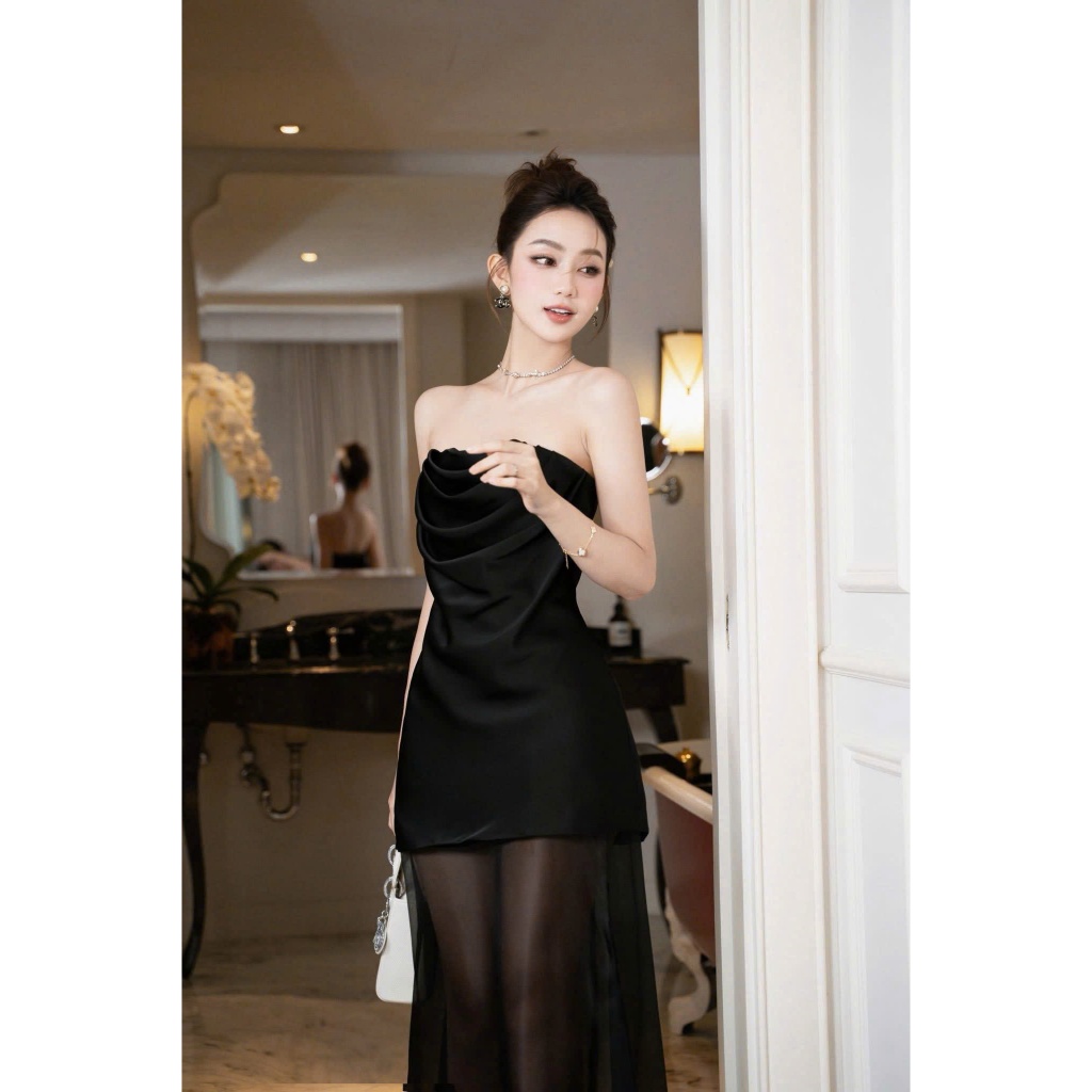 Đầm Dự Tiệc Xoắn Hoa Ngực Cúp Maxi Sang Chảnh - D1361