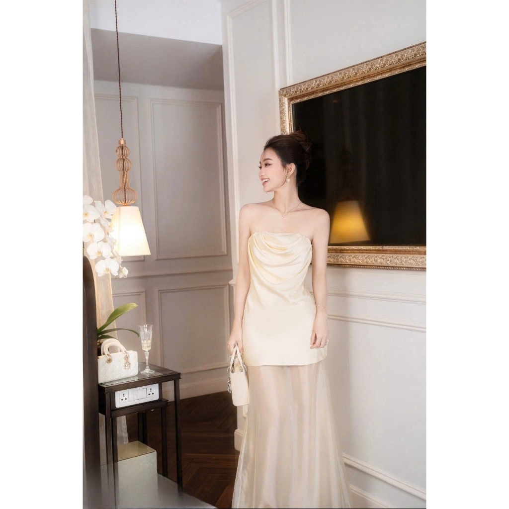 Đầm Dự Tiệc Xoắn Hoa Ngực Cúp Maxi Sang Chảnh - D1361