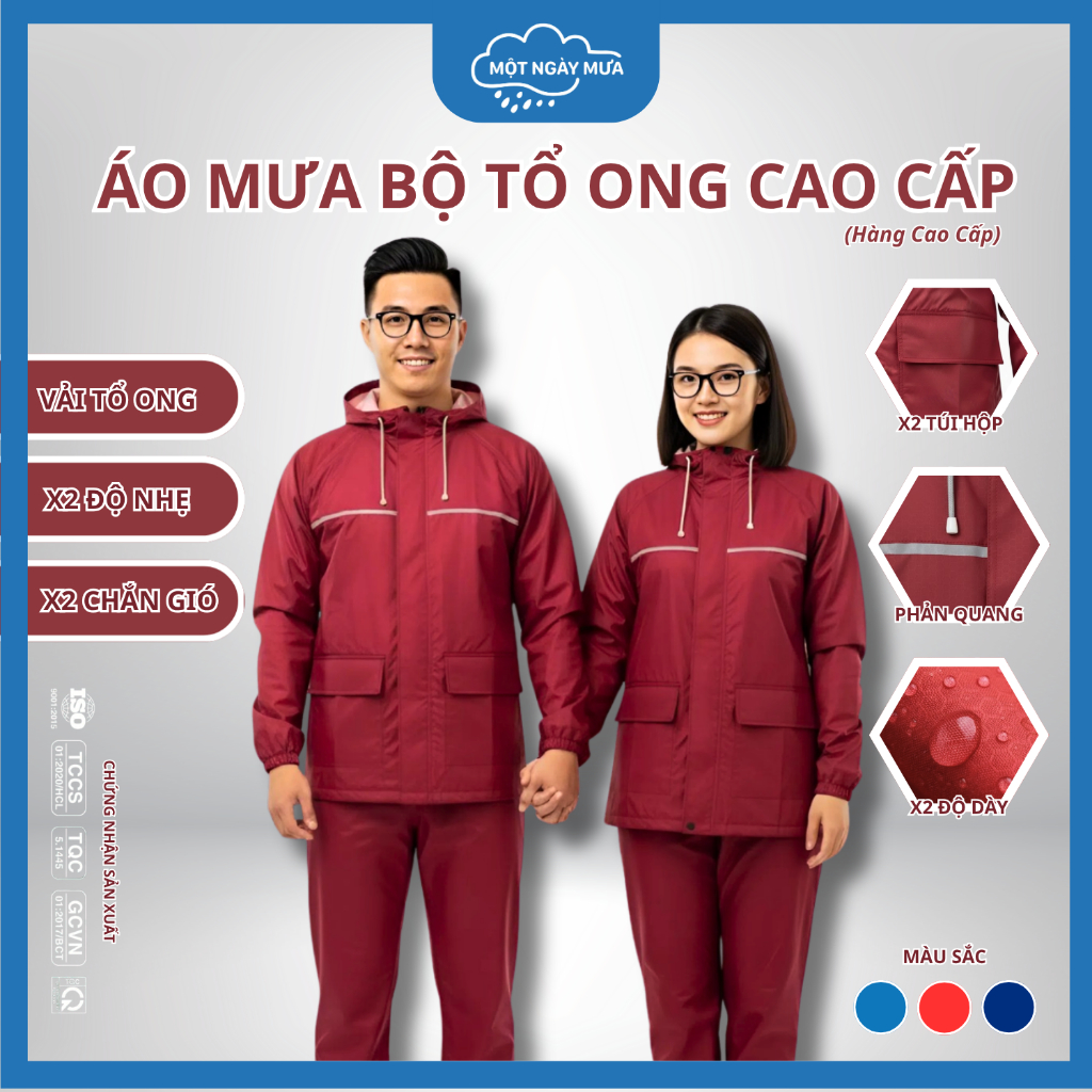Áo Mưa Bộ Phản Quang Trước Và Sau (Vải Tổ Ong - Cao Cấp) Siêu Nhẹ, Chắn Gió Lạnh, Chống Thấm Cực Tốt