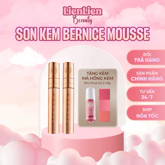 [ Tặng má hồng kem ] Son Kem Bernice Phiên Bản Mới Nhất 2025- Chất Son Siêu Mịn Lì - Vỏ mới 2 đầu cọ son New Mouse