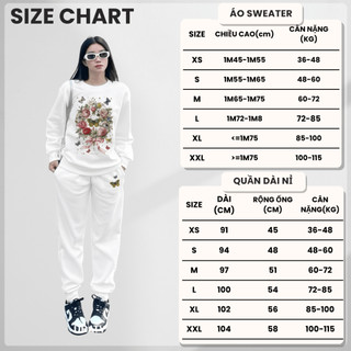 Set Bộ Nỉ Nữ Thu Đông CHEPOL Cổ Tròn, In Hoa Bướm, Chất Nỉ Chân Cua Cao Cấp( Áo Sweater Trắng + Quần Dài Trắng)-CP_16334