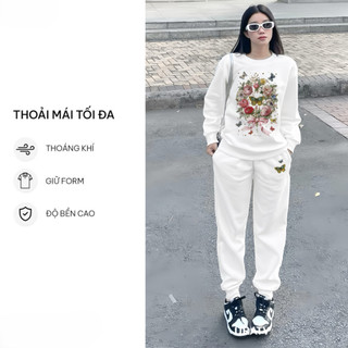 Set Bộ Nỉ Nữ Thu Đông CHEPOL Cổ Tròn, In Hoa Bướm, Chất Nỉ Chân Cua Cao Cấp( Áo Sweater Trắng + Quần Dài Trắng)-CP_16334