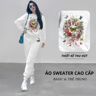 Set Bộ Nỉ Nữ Thu Đông CHEPOL Cổ Tròn, In Hoa Bướm, Chất Nỉ Chân Cua Cao Cấp( Áo Sweater Trắng + Quần Dài Trắng)-CP_16334