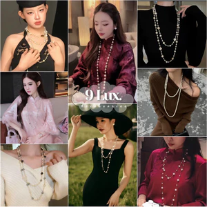 9LUX Chuỗi Ngọc Trai Nhân Tạo Dài Nhiều Mẫu , Vòng cổ xích màu bạc ngọc trai nhân tạo mặc áo dài thương hiệu VC13