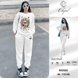 Set Bộ Nỉ Nữ Thu Đông CHEPOL Cổ Tròn, In Hoa Bướm, Chất Nỉ Chân Cua Cao Cấp( Áo Sweater Trắng + Quần Dài Trắng)-CP_16334