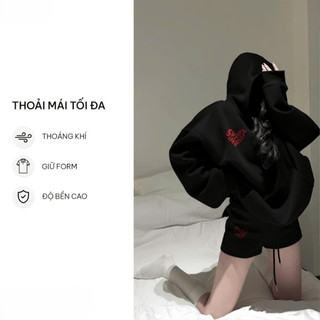 Set Bộ Nỉ Nữ Thu Đông CHEPOL In Trái Tim ( Áo Hoodie Đen + Quần Đùi Đen ) Chất Nỉ Chân Cua Cao Cấp, Dày Dặn - CP_xx249