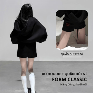 Set Bộ Nỉ Nữ Thu Đông CHEPOL In Trái Tim ( Áo Hoodie Đen + Quần Đùi Đen ) Chất Nỉ Chân Cua Cao Cấp, Dày Dặn - CP_xx249