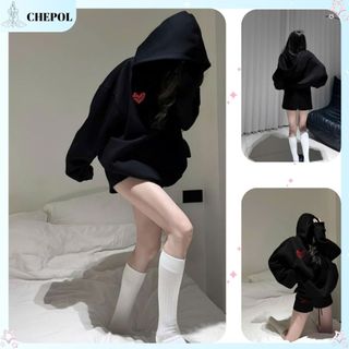 Set Bộ Nỉ Nữ Thu Đông CHEPOL In Trái Tim ( Áo Hoodie Đen + Quần Đùi Đen ) Chất Nỉ Chân Cua Cao Cấp, Dày Dặn - CP_xx249