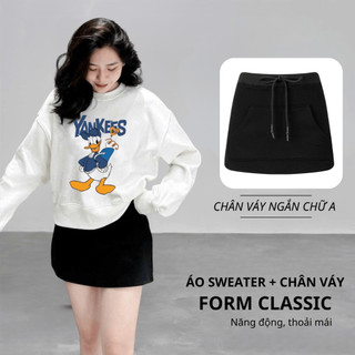 Set Bộ Nỉ Nữ Thu Đông CHEPOL Cổ Tròn, In Chú Vịt, Chất Nỉ Chân Cua Cao Cấp ( Áo Sweater Trắng + Chân Váy Đen ) -CP_14133