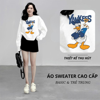 Set Bộ Nỉ Nữ Thu Đông CHEPOL Cổ Tròn, In Chú Vịt, Chất Nỉ Chân Cua Cao Cấp ( Áo Sweater Trắng + Chân Váy Đen ) -CP_14133