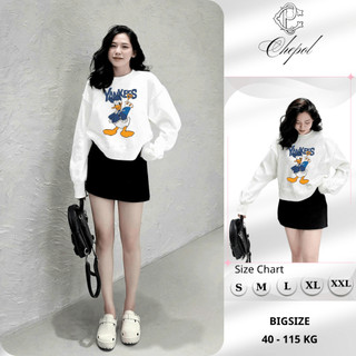 Set Bộ Nỉ Nữ Thu Đông CHEPOL Cổ Tròn, In Chú Vịt, Chất Nỉ Chân Cua Cao Cấp ( Áo Sweater Trắng + Chân Váy Đen ) -CP_14133
